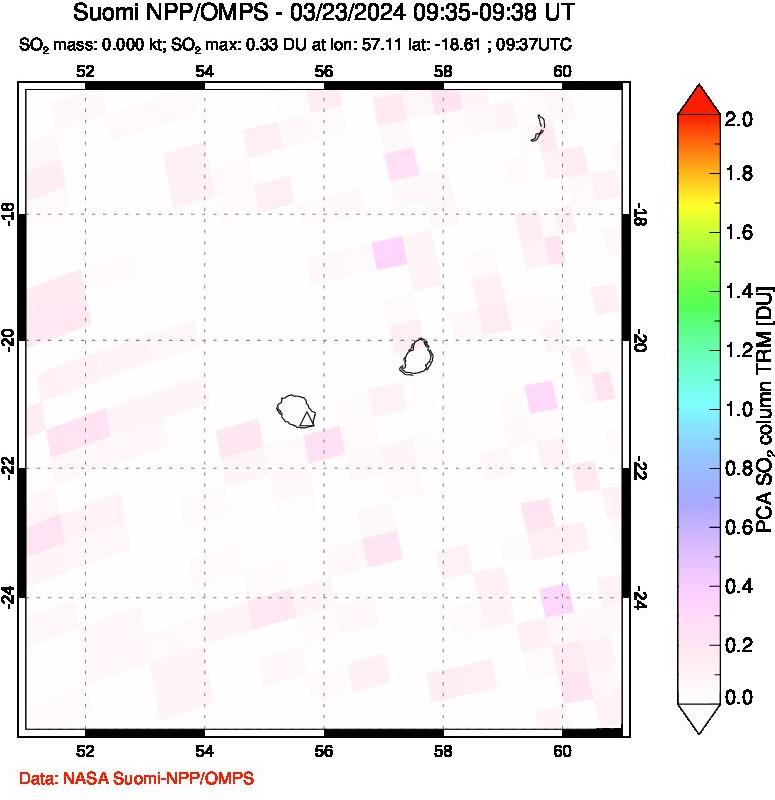 A sulfur dioxide image over Reunion Island, Indian Ocean on Mar 23, 2024.