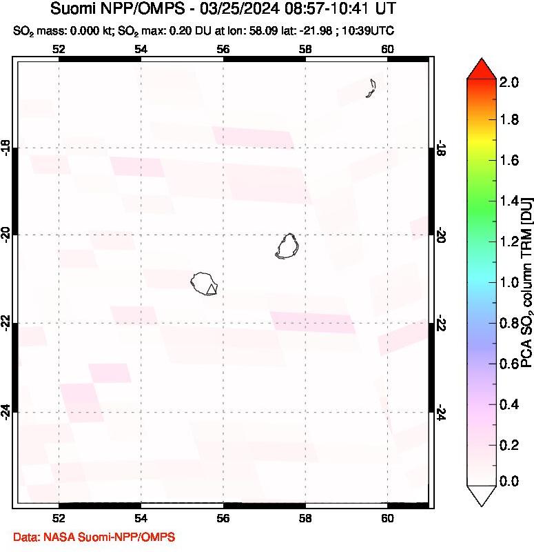 A sulfur dioxide image over Reunion Island, Indian Ocean on Mar 25, 2024.