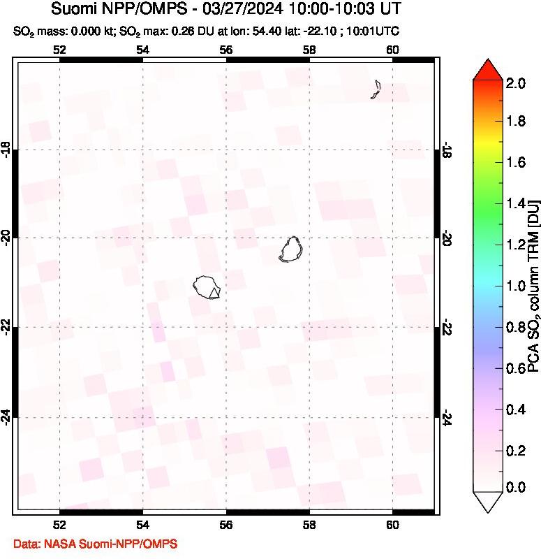 A sulfur dioxide image over Reunion Island, Indian Ocean on Mar 27, 2024.