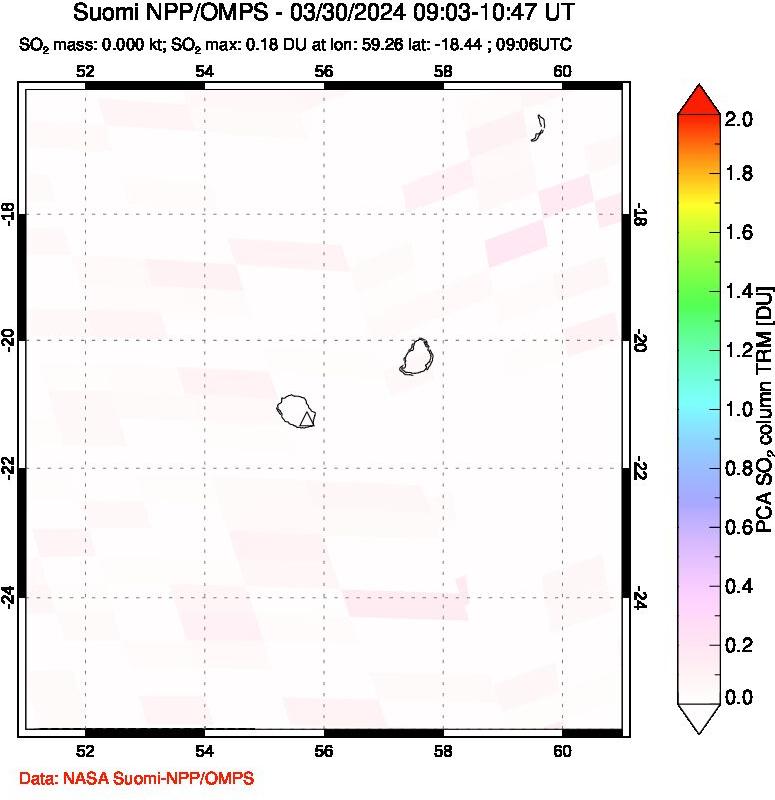 A sulfur dioxide image over Reunion Island, Indian Ocean on Mar 30, 2024.