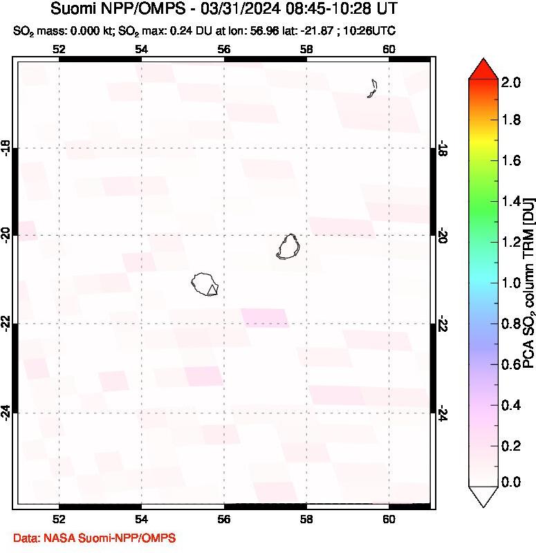 A sulfur dioxide image over Reunion Island, Indian Ocean on Mar 31, 2024.