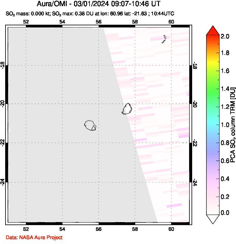 A sulfur dioxide image over Reunion Island, Indian Ocean on Mar 01, 2024.