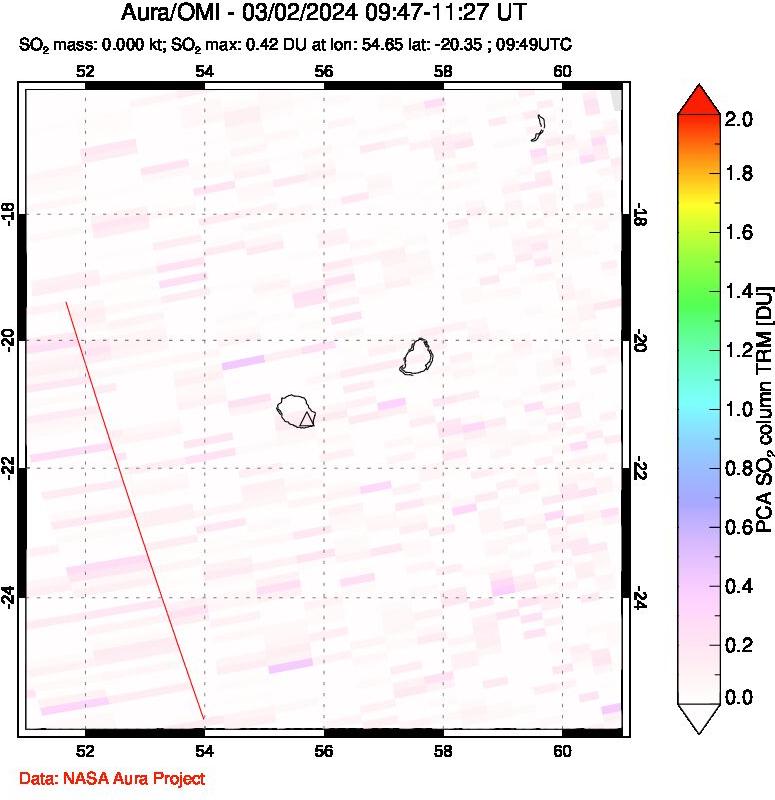 A sulfur dioxide image over Reunion Island, Indian Ocean on Mar 02, 2024.