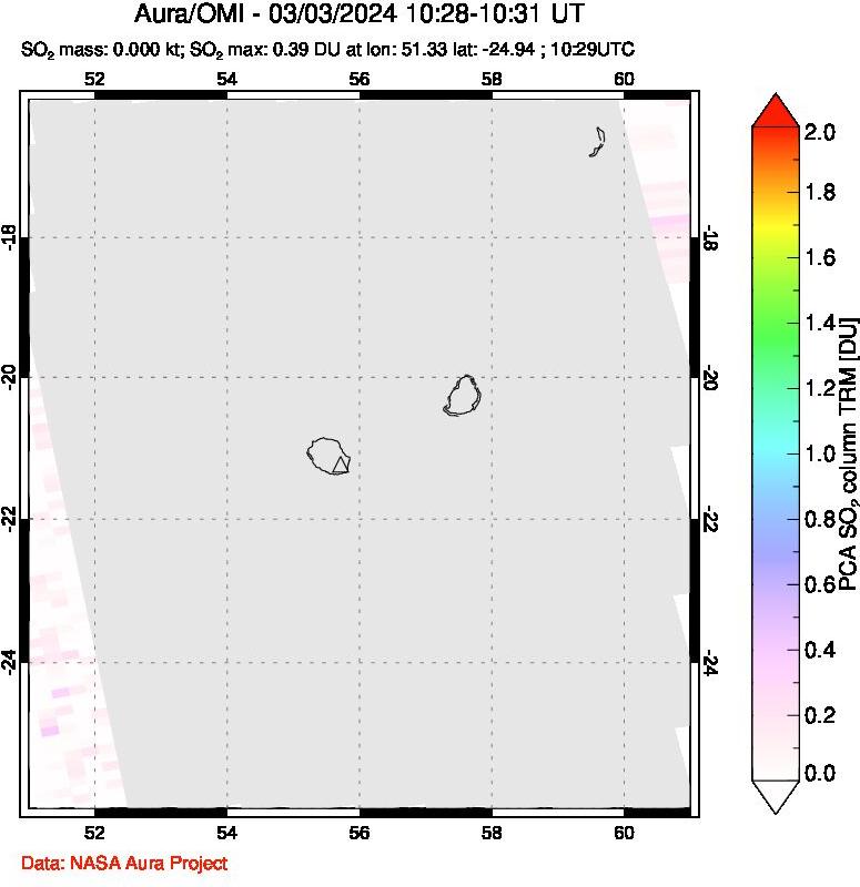 A sulfur dioxide image over Reunion Island, Indian Ocean on Mar 03, 2024.