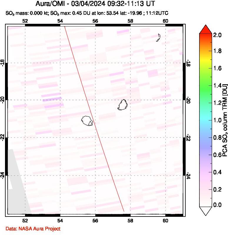 A sulfur dioxide image over Reunion Island, Indian Ocean on Mar 04, 2024.