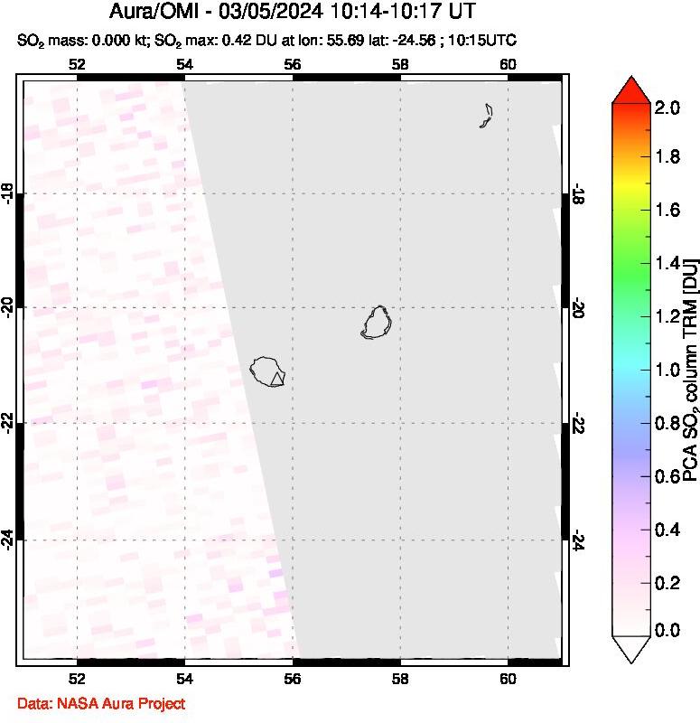 A sulfur dioxide image over Reunion Island, Indian Ocean on Mar 05, 2024.