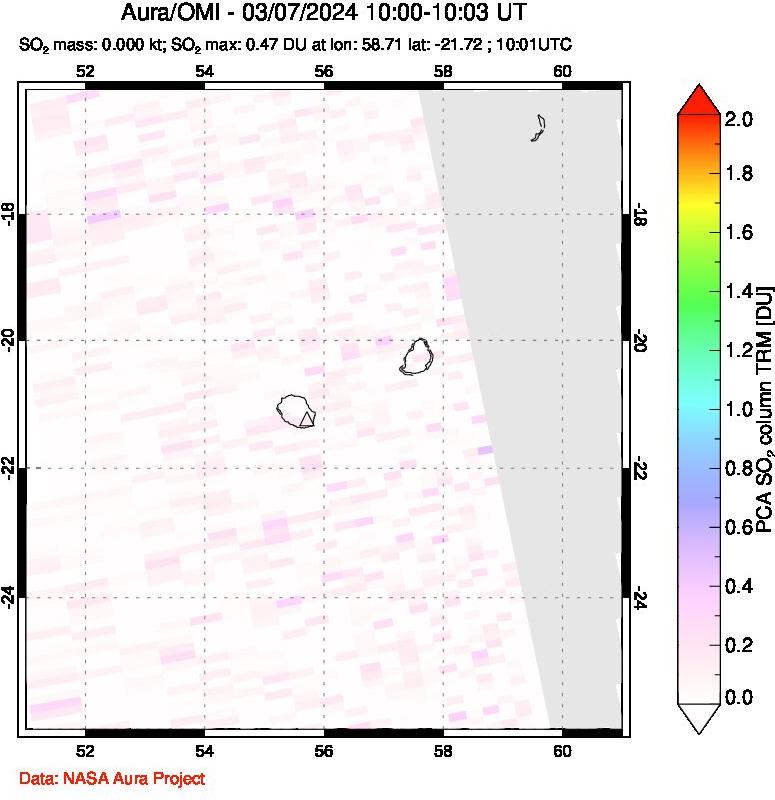 A sulfur dioxide image over Reunion Island, Indian Ocean on Mar 07, 2024.