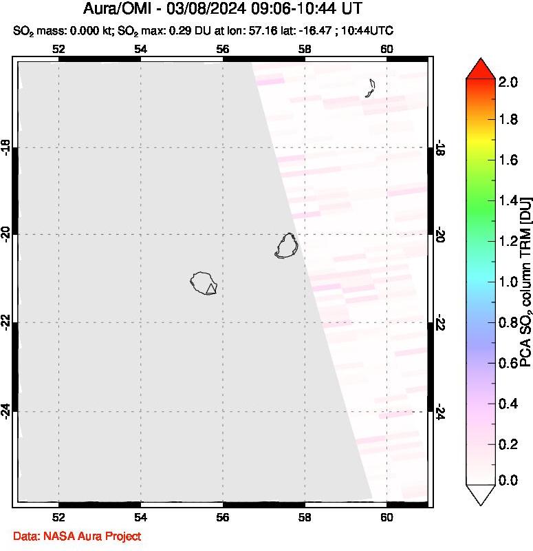 A sulfur dioxide image over Reunion Island, Indian Ocean on Mar 08, 2024.