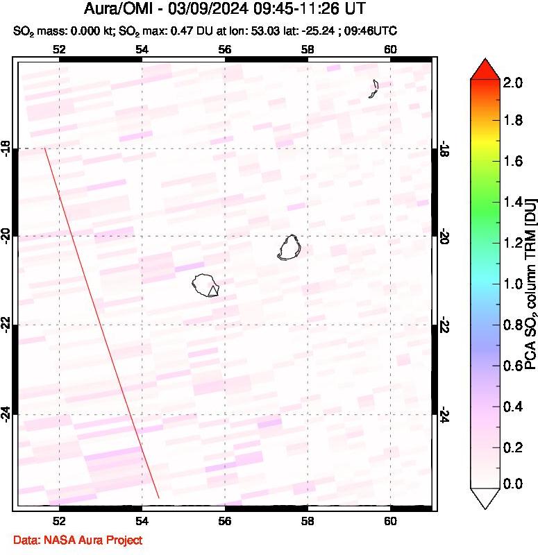 A sulfur dioxide image over Reunion Island, Indian Ocean on Mar 09, 2024.