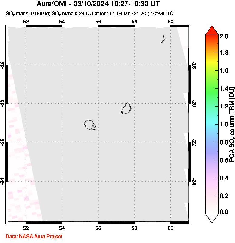 A sulfur dioxide image over Reunion Island, Indian Ocean on Mar 10, 2024.