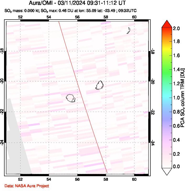 A sulfur dioxide image over Reunion Island, Indian Ocean on Mar 11, 2024.