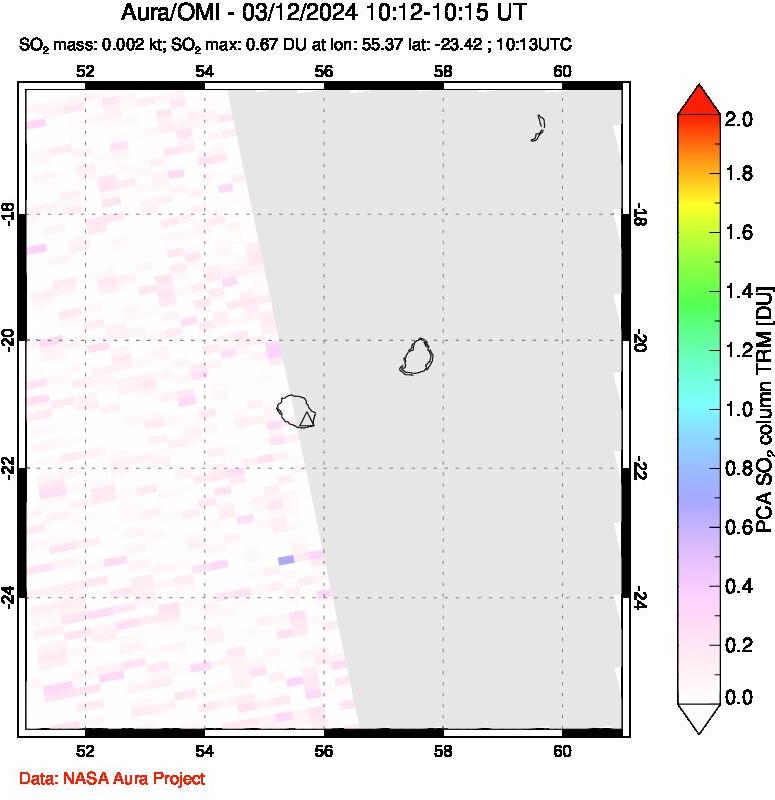 A sulfur dioxide image over Reunion Island, Indian Ocean on Mar 12, 2024.