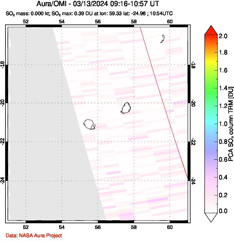 A sulfur dioxide image over Reunion Island, Indian Ocean on Mar 13, 2024.