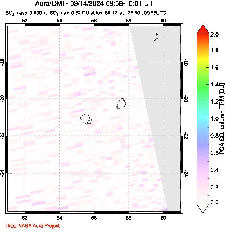 A sulfur dioxide image over Reunion Island, Indian Ocean on Mar 14, 2024.