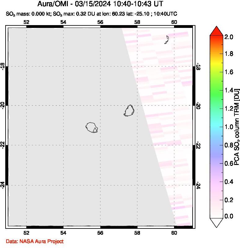 A sulfur dioxide image over Reunion Island, Indian Ocean on Mar 15, 2024.