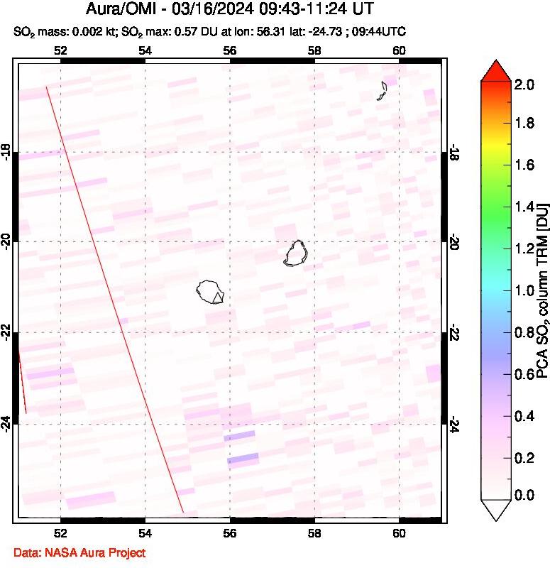 A sulfur dioxide image over Reunion Island, Indian Ocean on Mar 16, 2024.