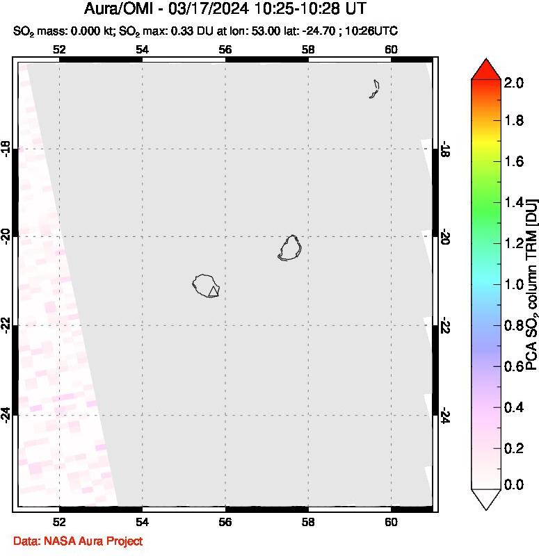 A sulfur dioxide image over Reunion Island, Indian Ocean on Mar 17, 2024.