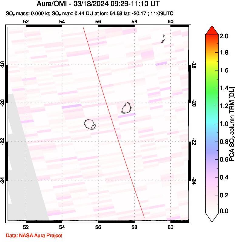 A sulfur dioxide image over Reunion Island, Indian Ocean on Mar 18, 2024.