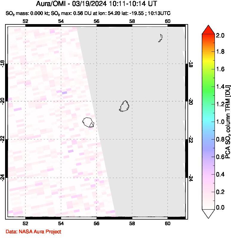 A sulfur dioxide image over Reunion Island, Indian Ocean on Mar 19, 2024.