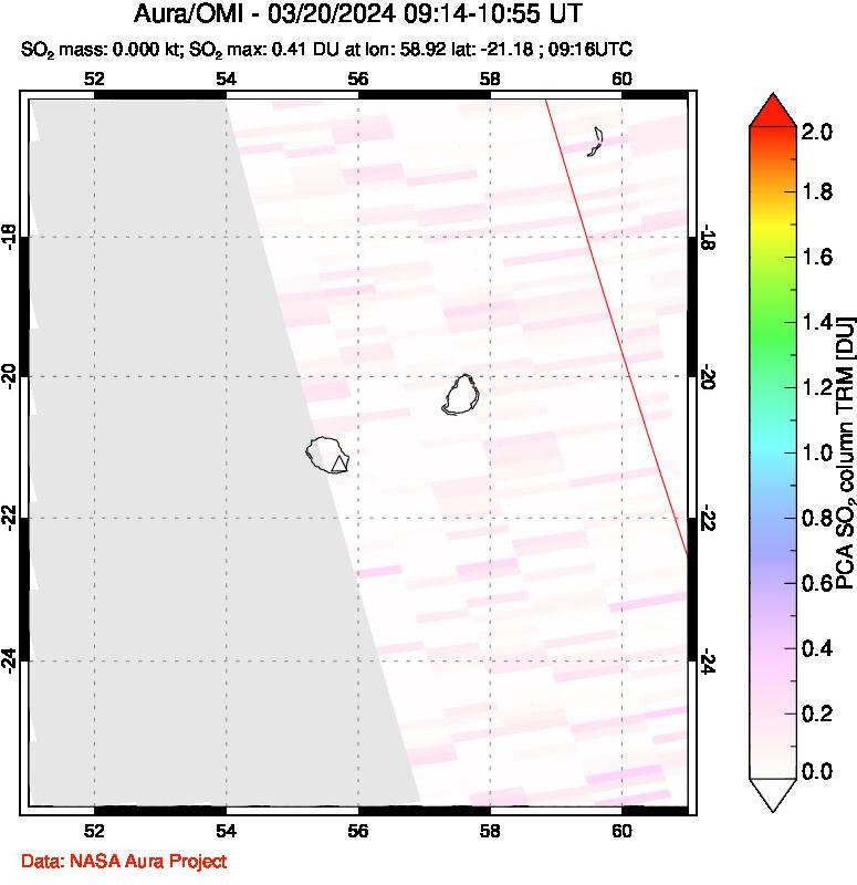 A sulfur dioxide image over Reunion Island, Indian Ocean on Mar 20, 2024.