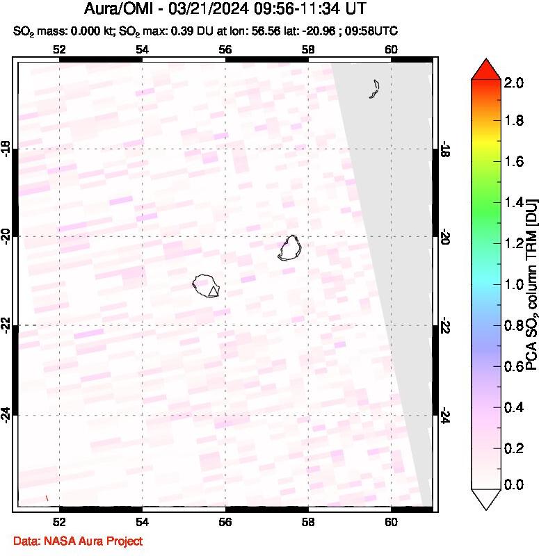 A sulfur dioxide image over Reunion Island, Indian Ocean on Mar 21, 2024.