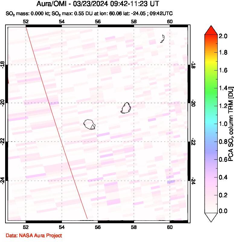 A sulfur dioxide image over Reunion Island, Indian Ocean on Mar 23, 2024.