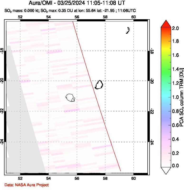 A sulfur dioxide image over Reunion Island, Indian Ocean on Mar 25, 2024.