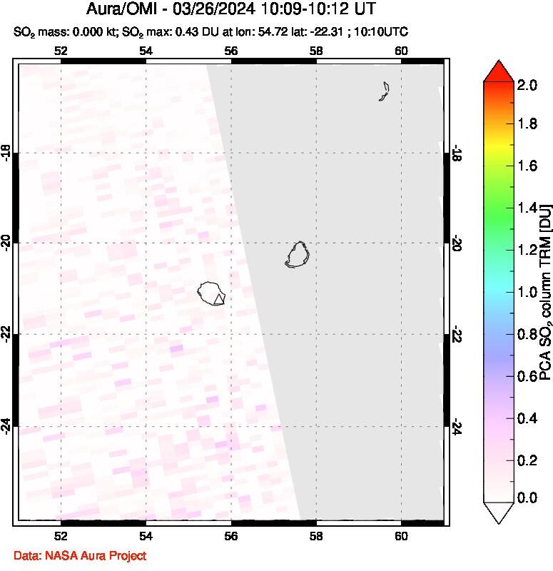 A sulfur dioxide image over Reunion Island, Indian Ocean on Mar 26, 2024.