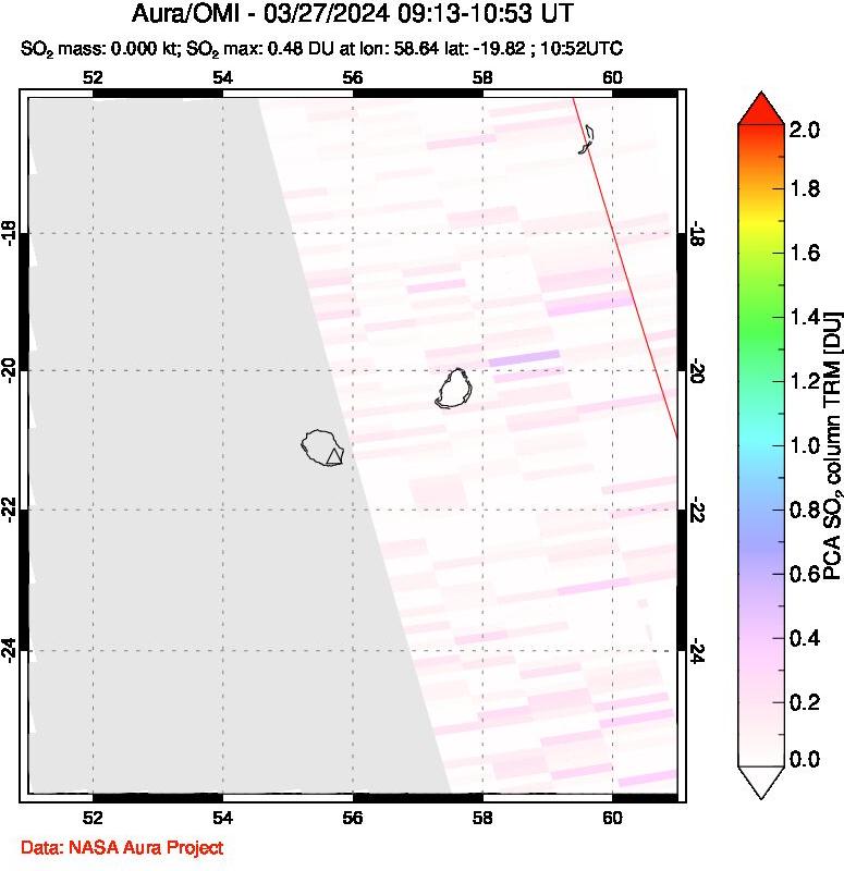 A sulfur dioxide image over Reunion Island, Indian Ocean on Mar 27, 2024.