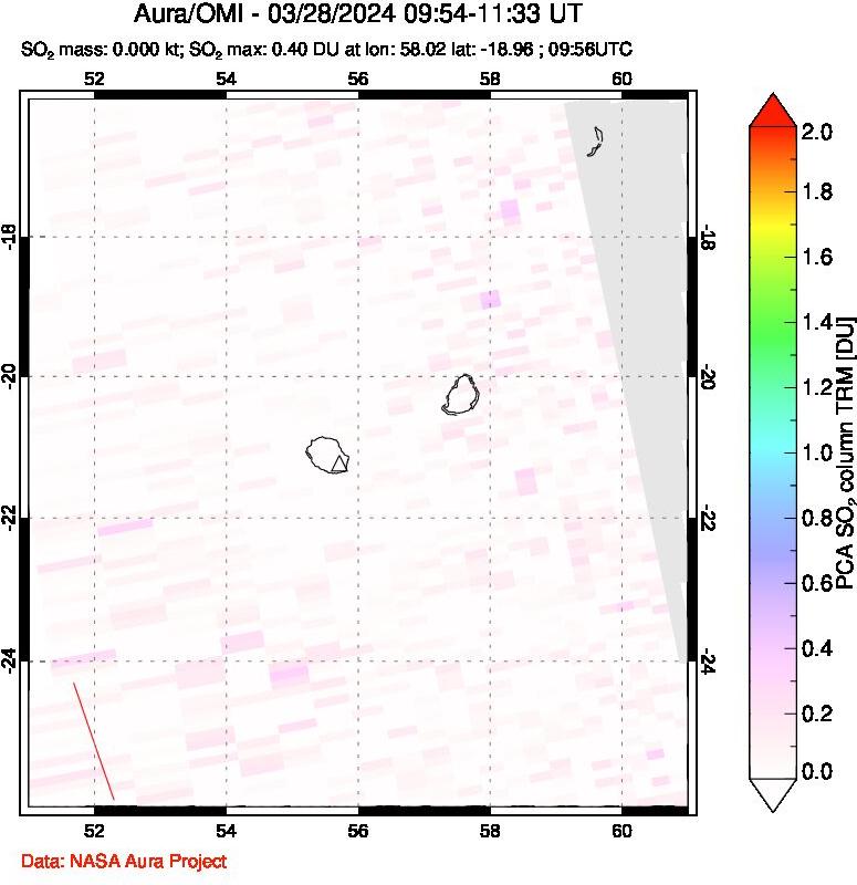 A sulfur dioxide image over Reunion Island, Indian Ocean on Mar 28, 2024.