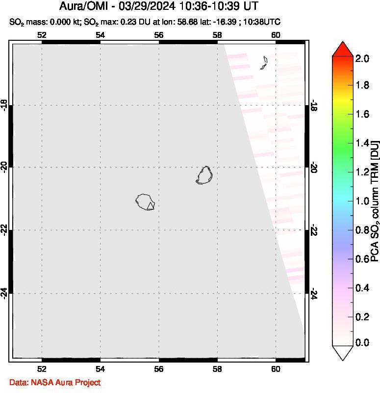 A sulfur dioxide image over Reunion Island, Indian Ocean on Mar 29, 2024.