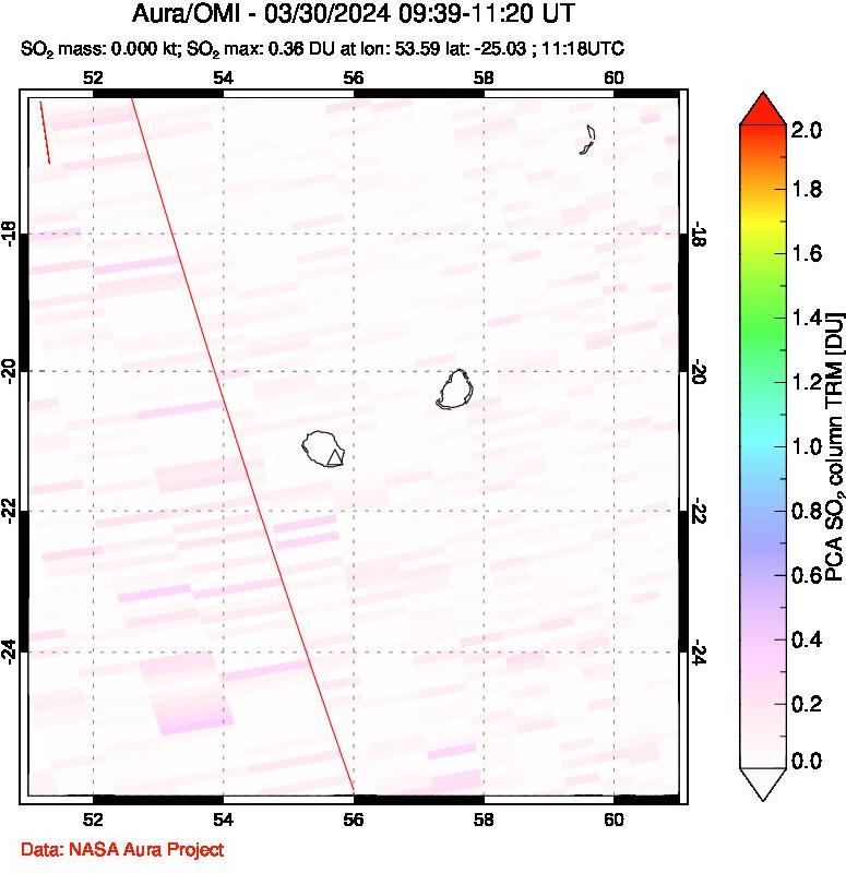 A sulfur dioxide image over Reunion Island, Indian Ocean on Mar 30, 2024.