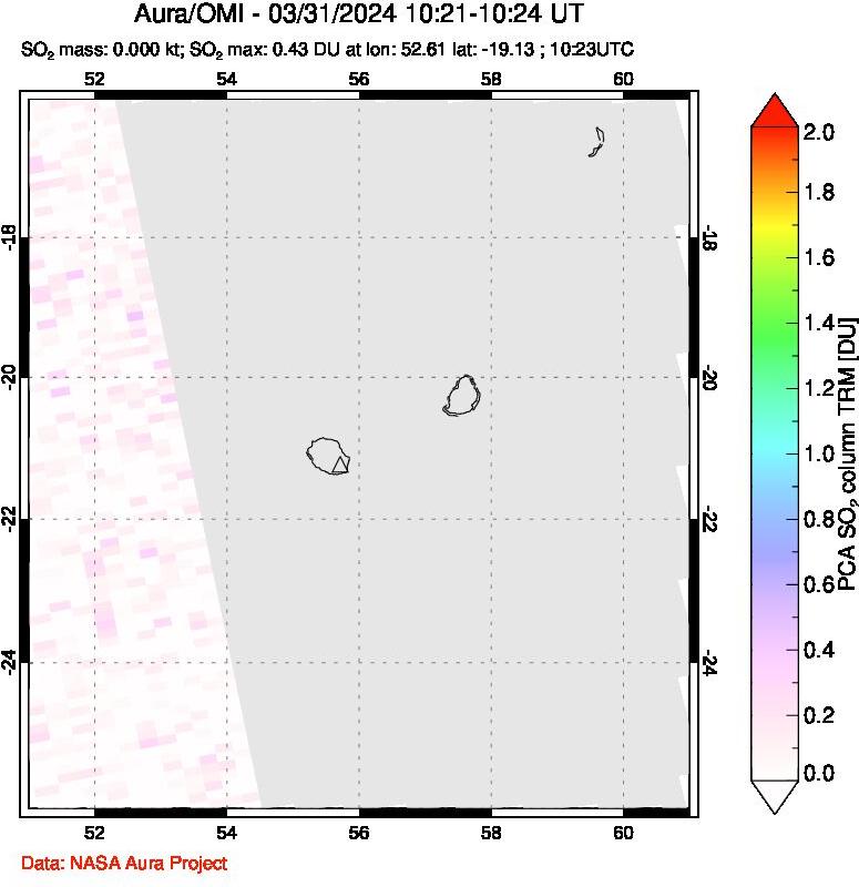 A sulfur dioxide image over Reunion Island, Indian Ocean on Mar 31, 2024.