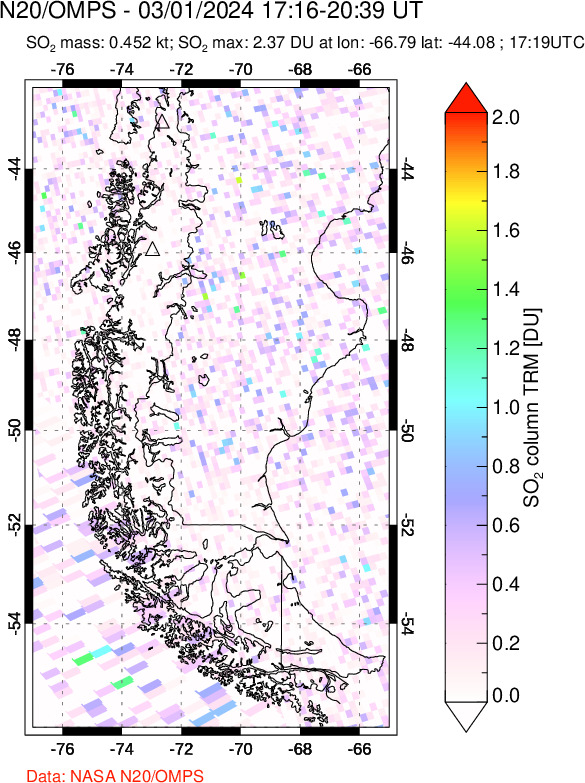 A sulfur dioxide image over Southern Chile on Mar 01, 2024.