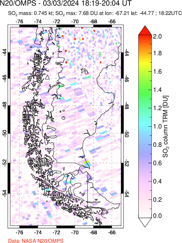 A sulfur dioxide image over Southern Chile on Mar 03, 2024.