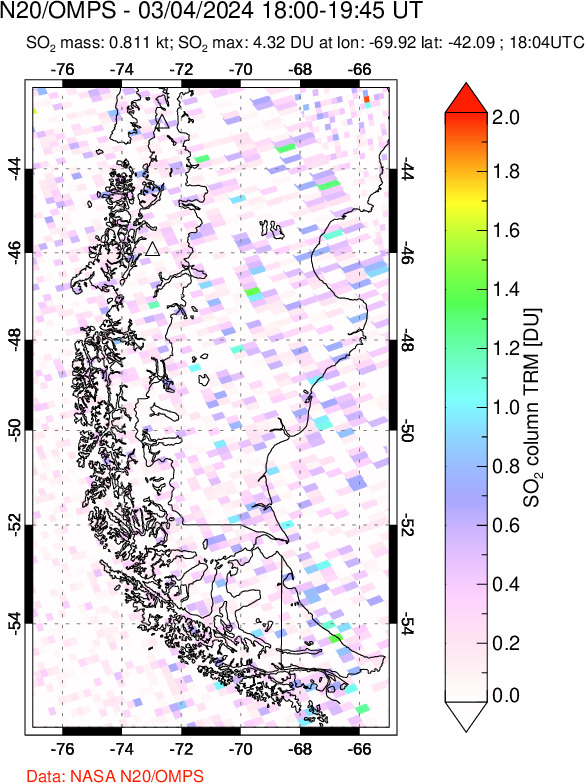 A sulfur dioxide image over Southern Chile on Mar 04, 2024.