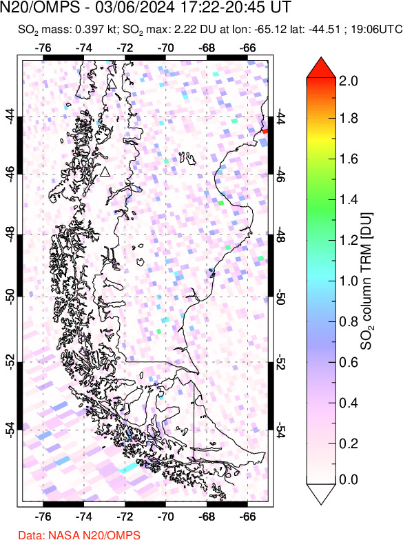 A sulfur dioxide image over Southern Chile on Mar 06, 2024.