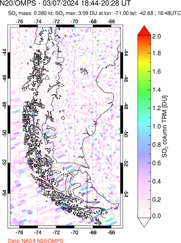 A sulfur dioxide image over Southern Chile on Mar 07, 2024.