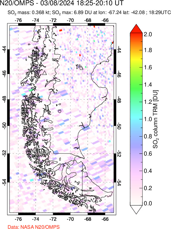 A sulfur dioxide image over Southern Chile on Mar 08, 2024.