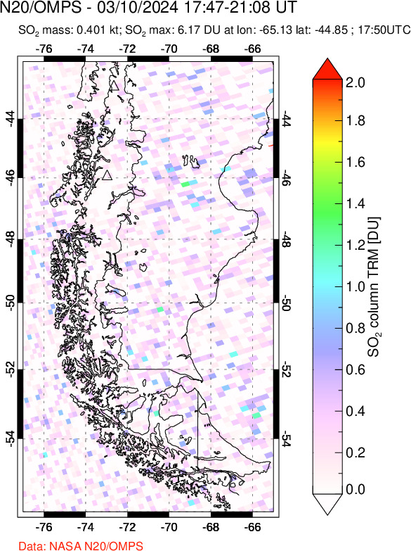 A sulfur dioxide image over Southern Chile on Mar 10, 2024.