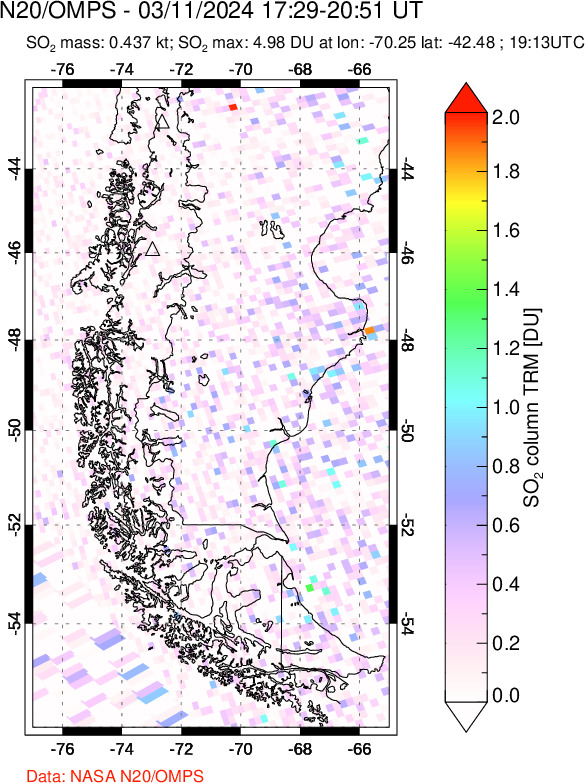 A sulfur dioxide image over Southern Chile on Mar 11, 2024.