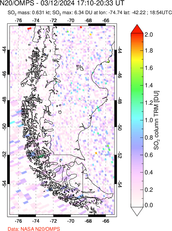 A sulfur dioxide image over Southern Chile on Mar 12, 2024.