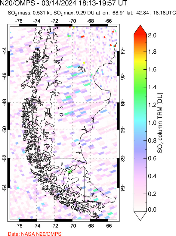 A sulfur dioxide image over Southern Chile on Mar 14, 2024.