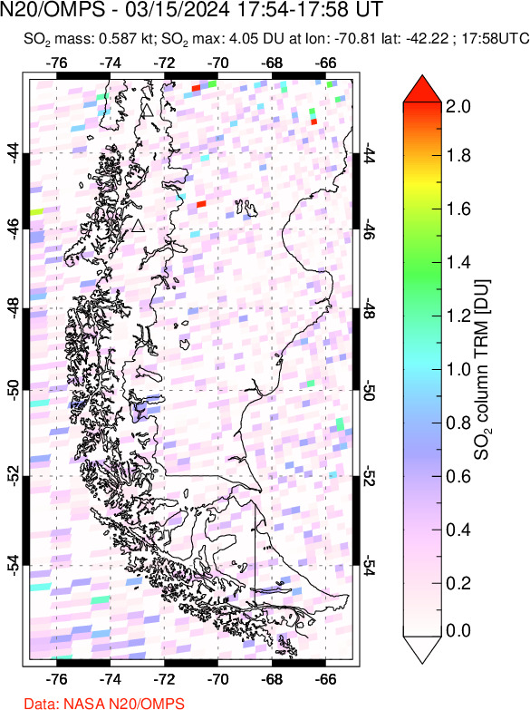 A sulfur dioxide image over Southern Chile on Mar 15, 2024.