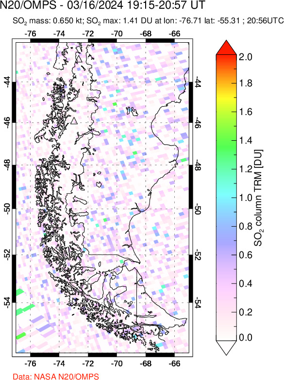 A sulfur dioxide image over Southern Chile on Mar 16, 2024.