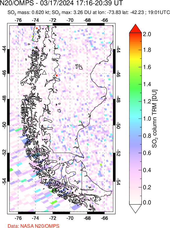 A sulfur dioxide image over Southern Chile on Mar 17, 2024.