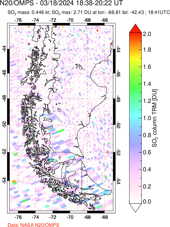 A sulfur dioxide image over Southern Chile on Mar 18, 2024.