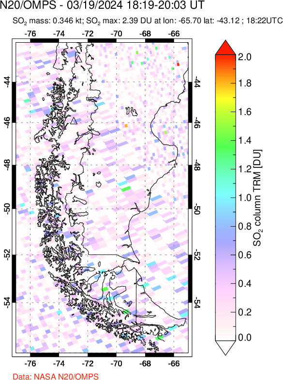 A sulfur dioxide image over Southern Chile on Mar 19, 2024.