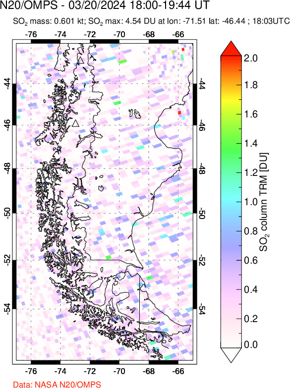 A sulfur dioxide image over Southern Chile on Mar 20, 2024.