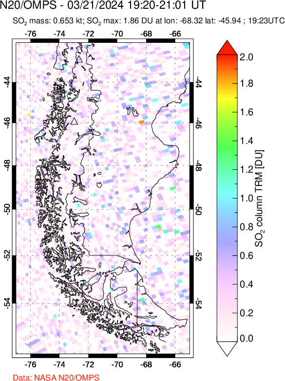 A sulfur dioxide image over Southern Chile on Mar 21, 2024.